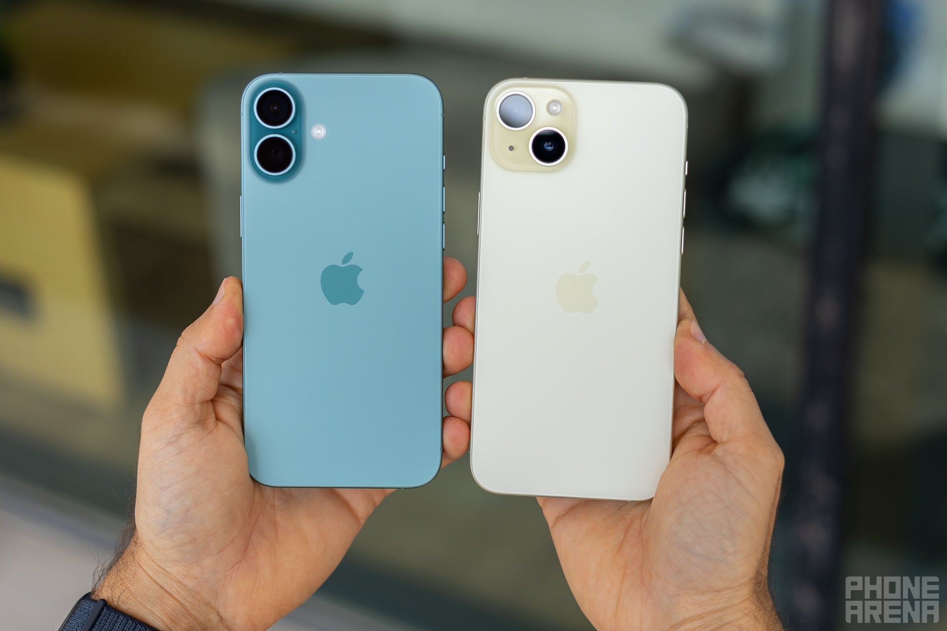 A back shot of the Apple iPhone 16 Plus next to iPhone 15 Plus