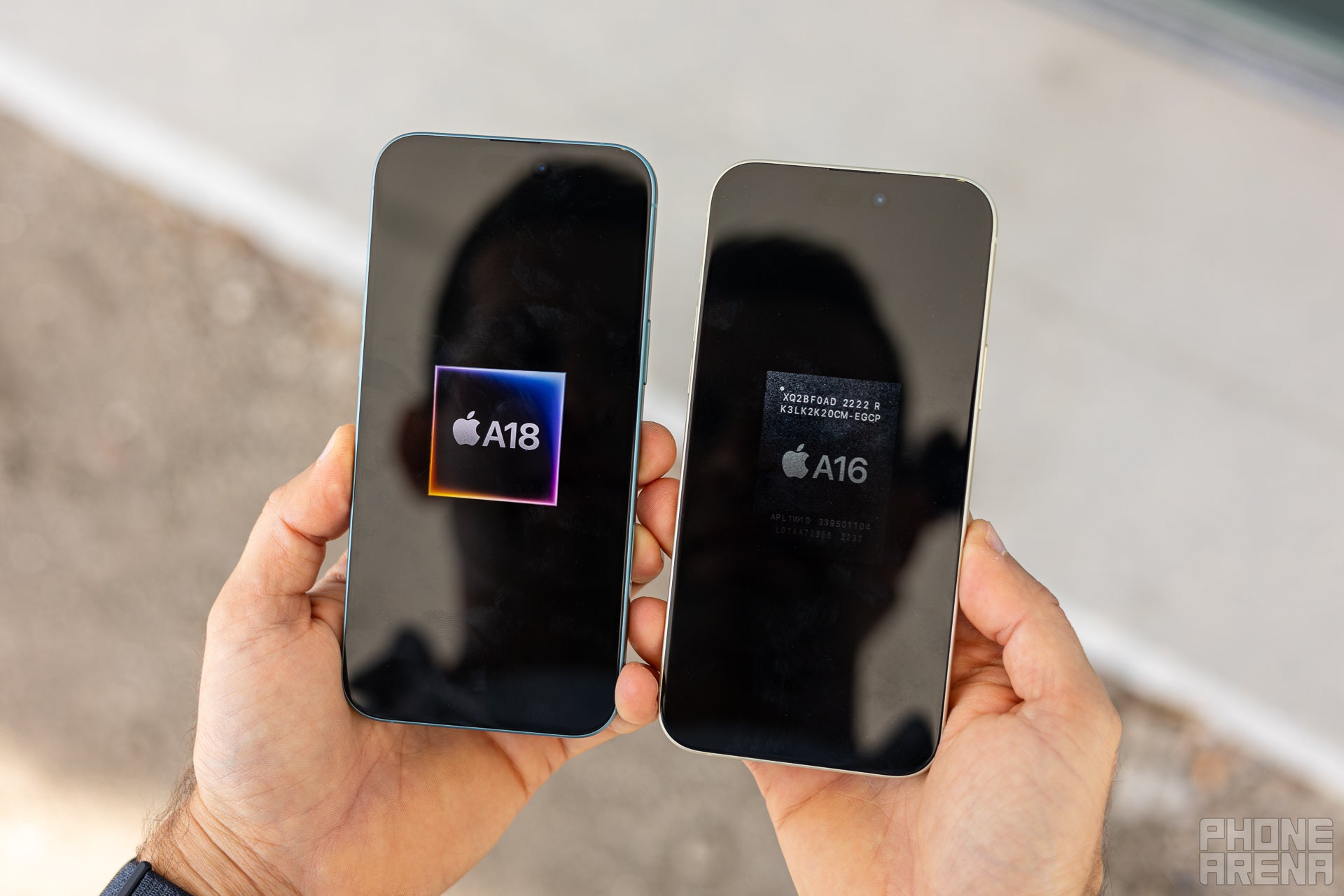 Apple iPhone 16 Plus next to iPhone 15 Plus showing a CPU graphic on their displays