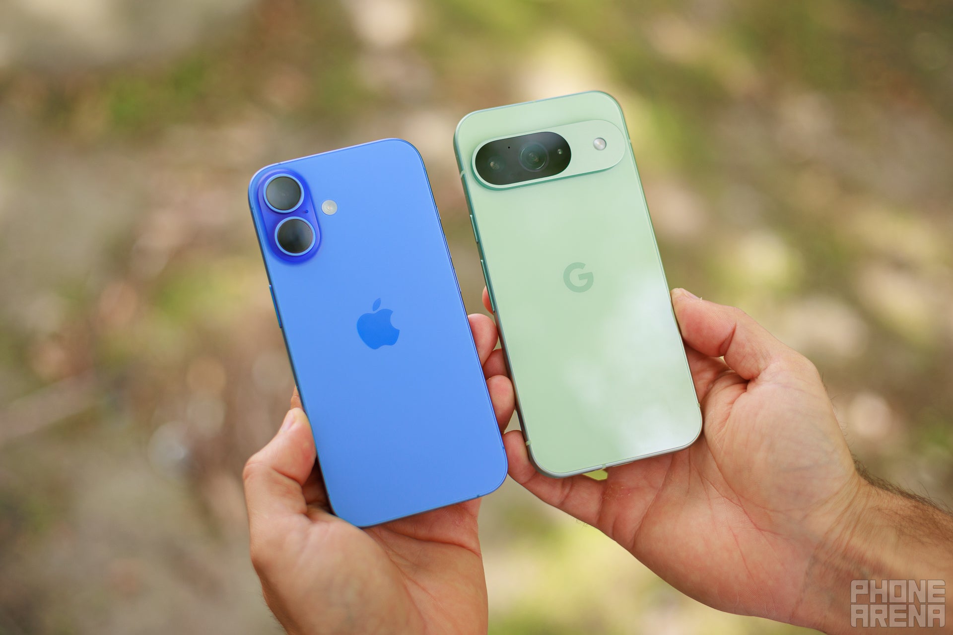 Apple iPhone 16 next to Google Pixel 9 back sides