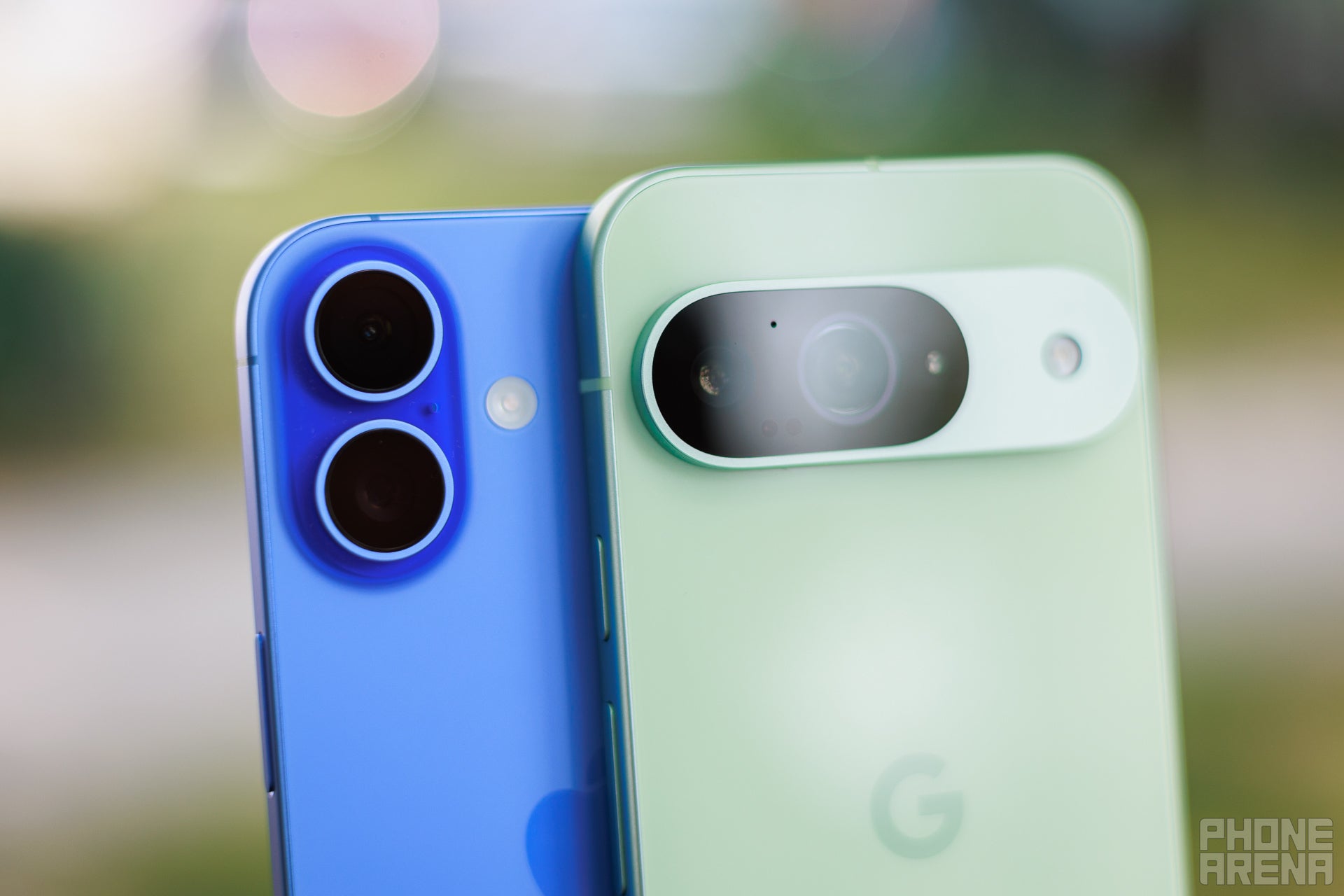 Apple iPhone 16 next to Google Pixel 9 camera modules