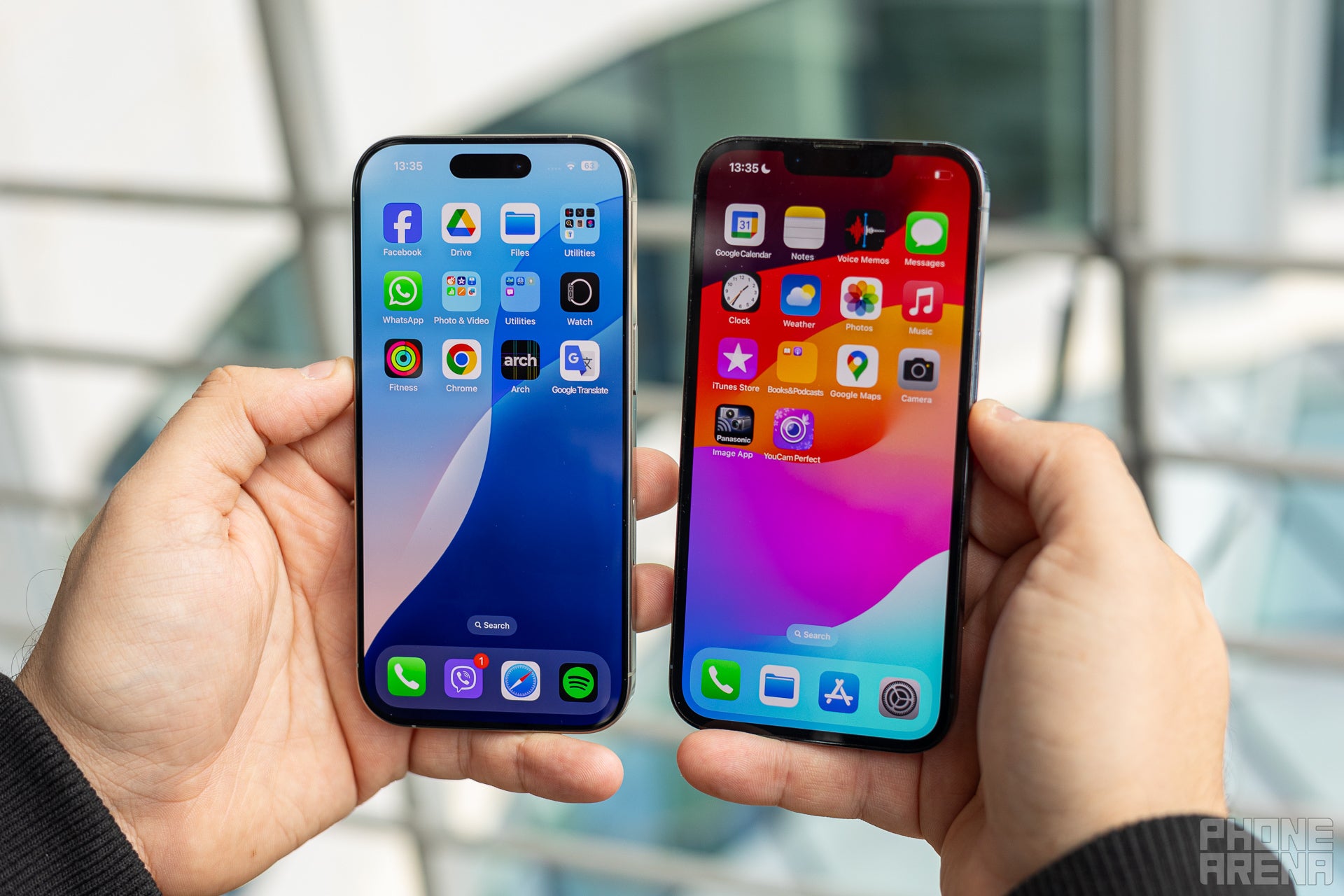 A front side picture of the Apple iPhone 16 Pro and the iPhone 13 Pro