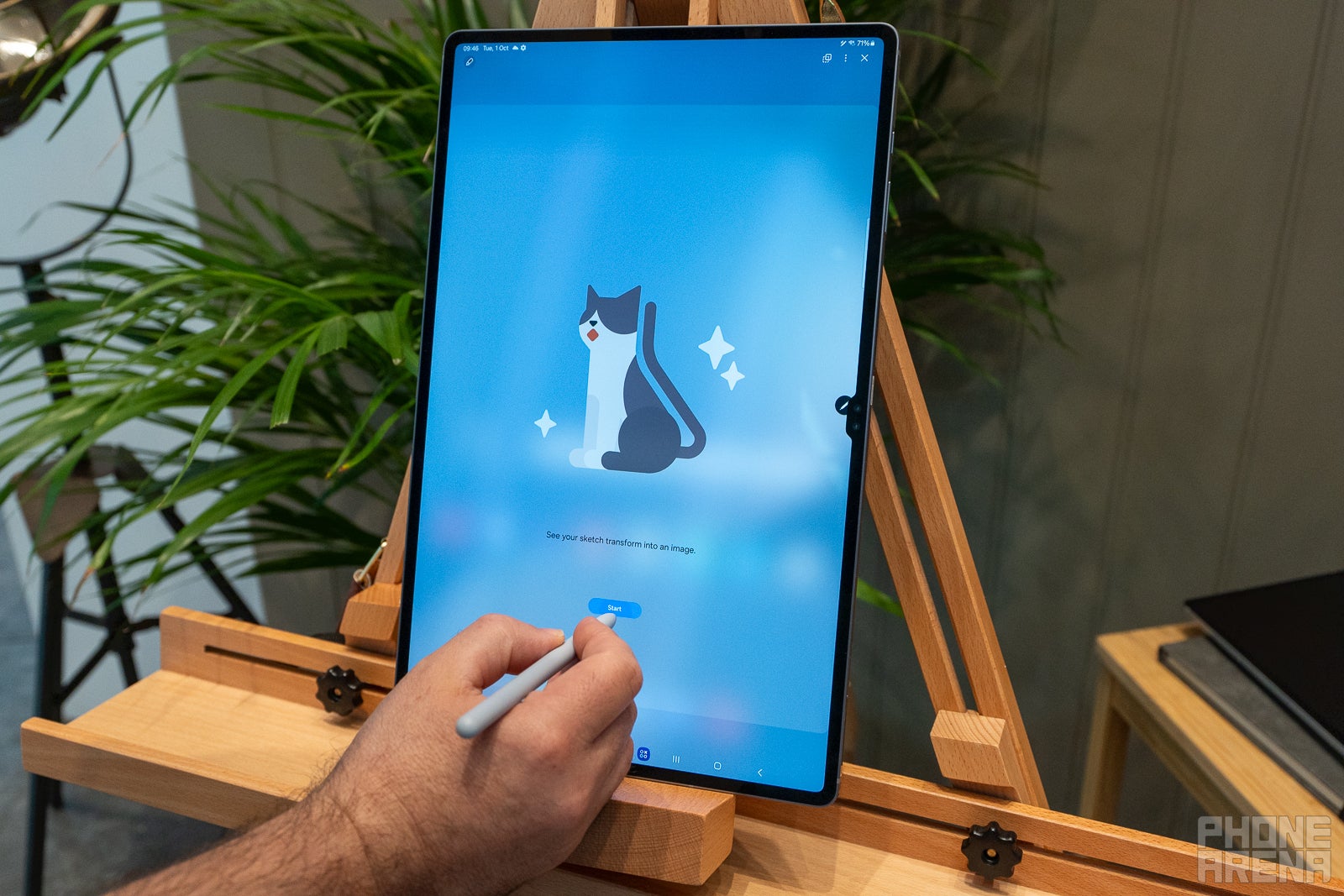 The front of the Galaxy Tab S10 Ultra, vertically, the Sketch app is open