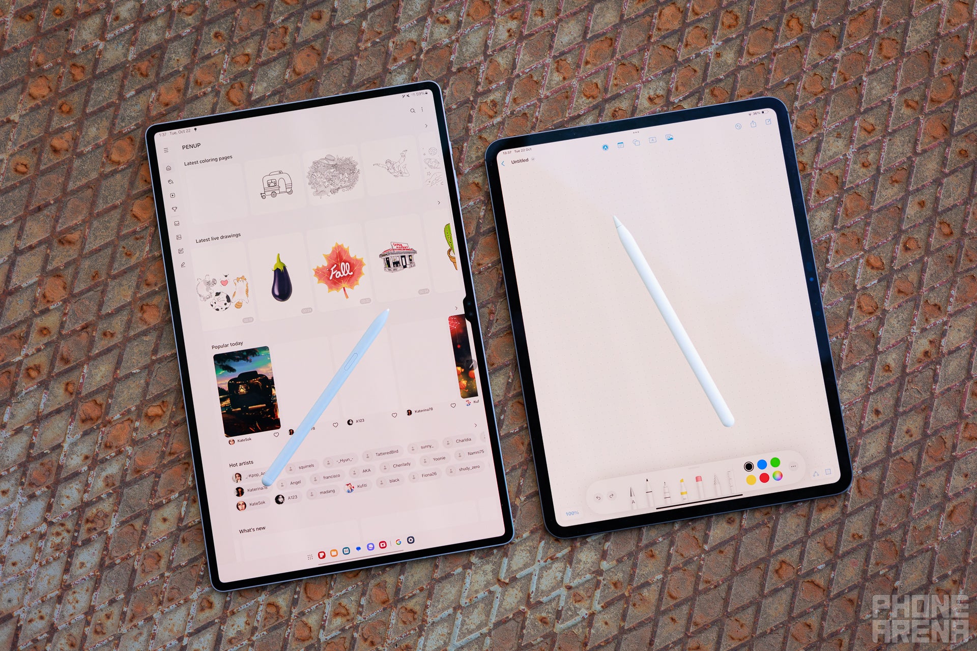 Galaxy Tab S10 Ultra and iPad Pro M4 13&amp;quot; lying on the ground. The screens are on, showing the tablets&amp;#039; note-taking apps