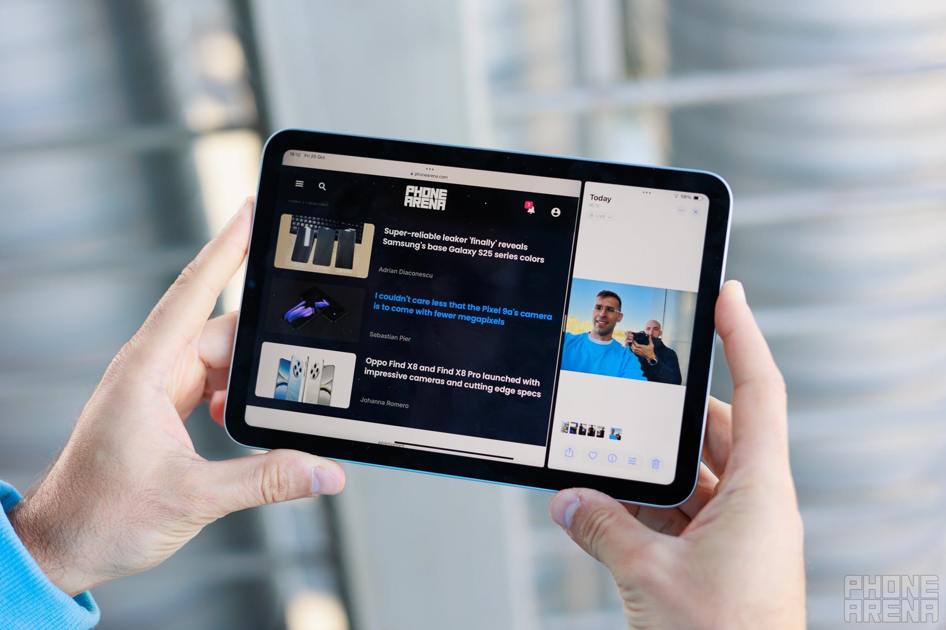 Person holding iPad mini horizontally with two apps in splitscreen showing