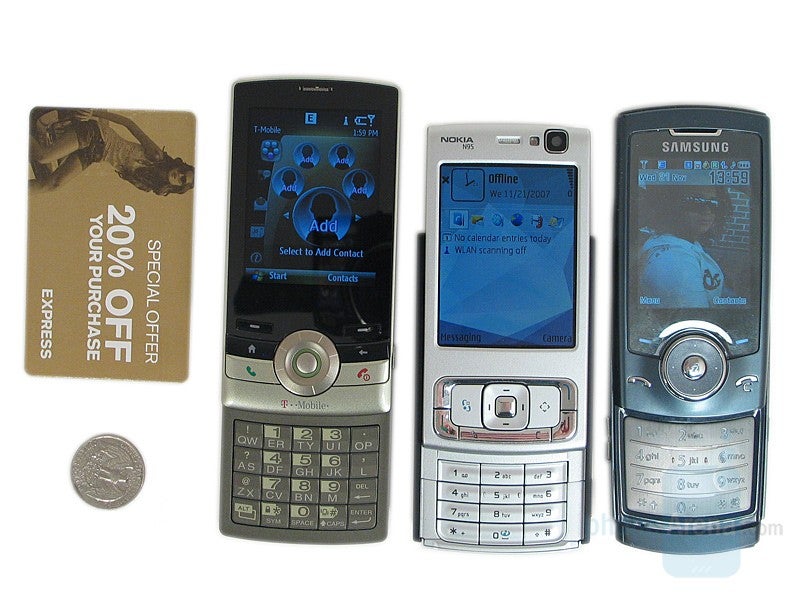 Da sinistra a destra: T-Mobile Shadow, Nokia N95US, Samsung U600;  Dal basso verso l'alto - T-Mobile Shadow, Samsung U600, Nokia N95US - Recensione di T-Mobile Shadow