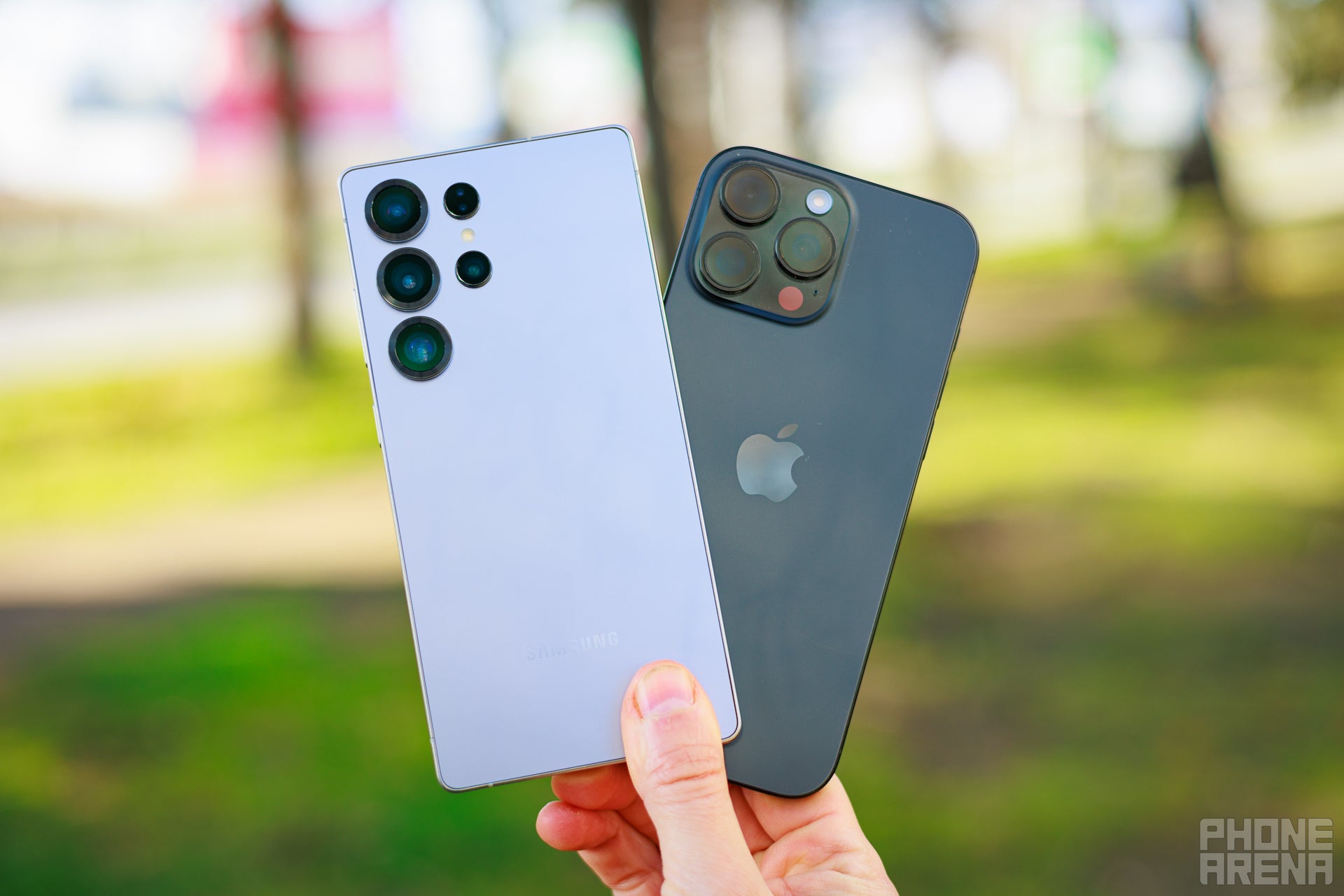 It was pretty difficult to balance these phones for the camera here, as they are not lightweight ones (Image by PhoneArena) - Samsung Galaxy S25 Ultra vs iPhone 16 Pro Max: A popularity contest