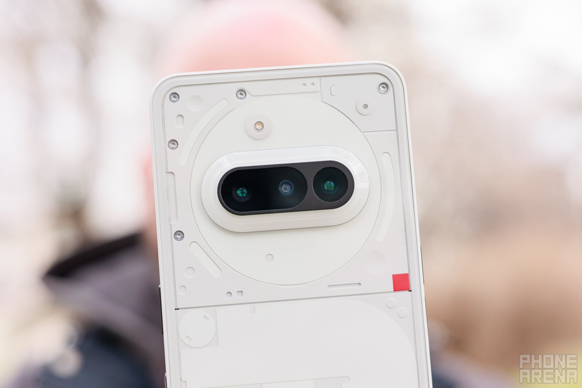 Closeup of the rear camera module of the Nothing Phone (3a)