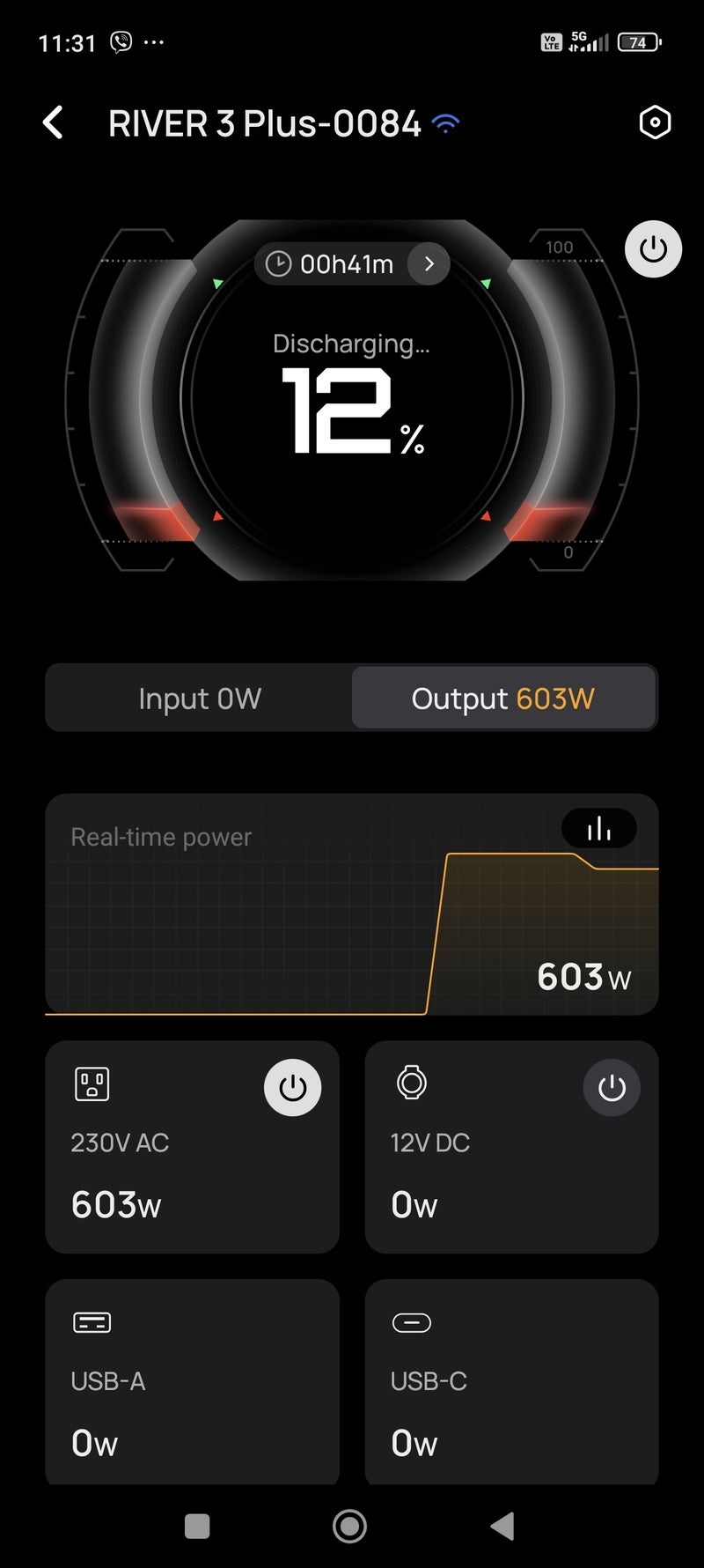 App screenshot of the EcoFlow app, showing discharge output power and remaining battery.