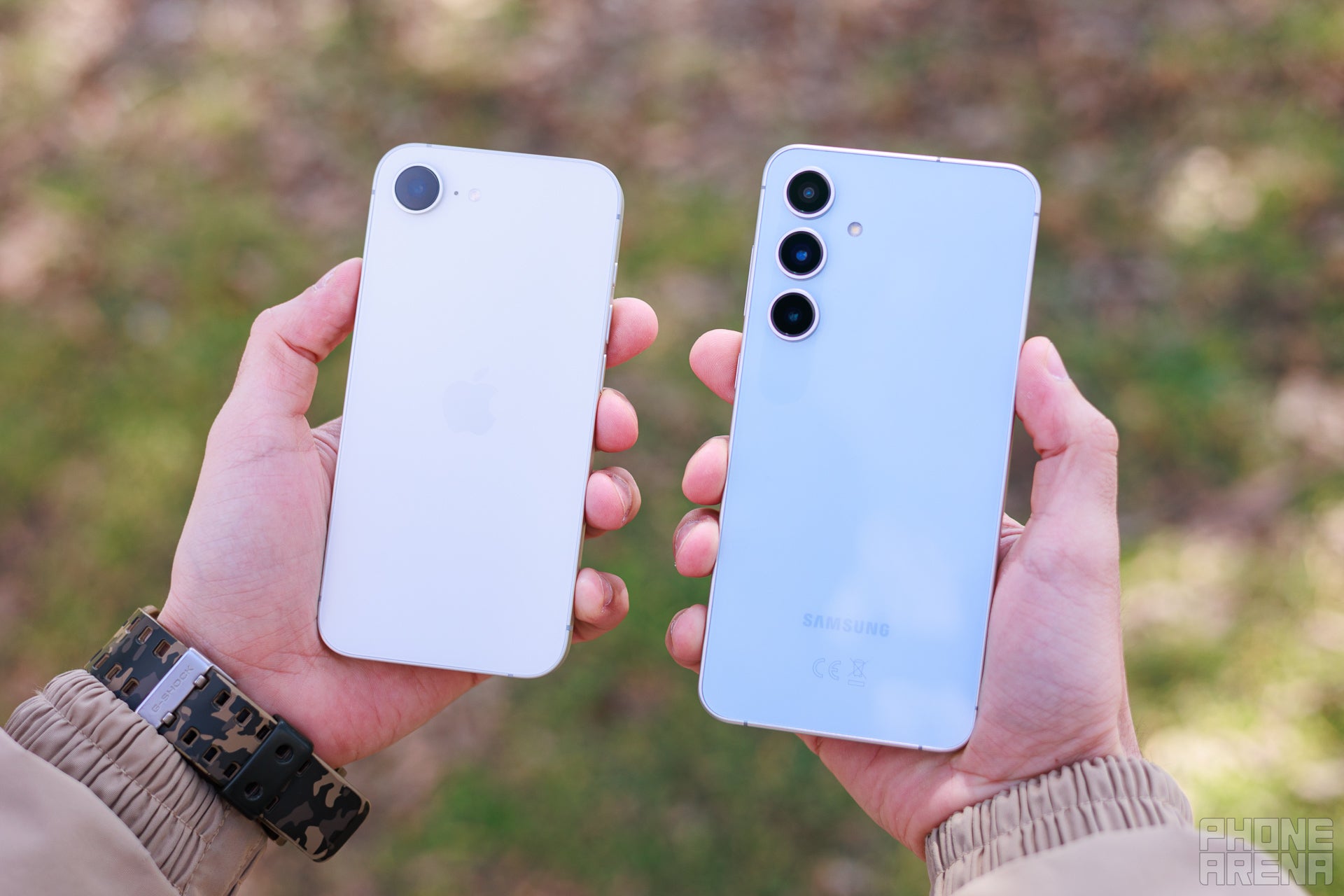 The iPhone 16e looks tiny next to the S24 FE. | Image by PhoneArena - iPhone 16e vs Galaxy S24 FE: Don't make a mistake