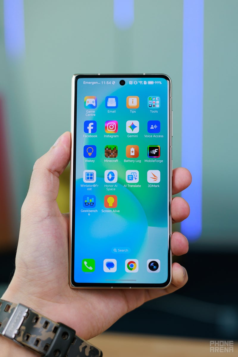 Honor Magic V5 folded, cover screen on and towards the camera