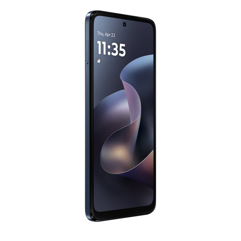 Blue Motorola phone front with centered hole-punch display