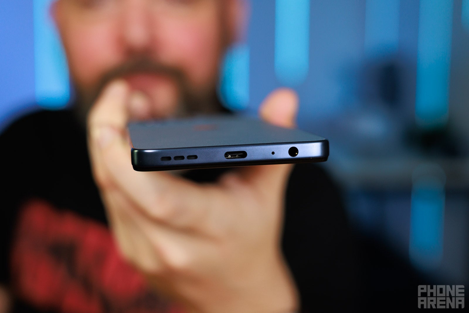 Bottom view of Moto G (2026) showing USB-C port and headphone jack