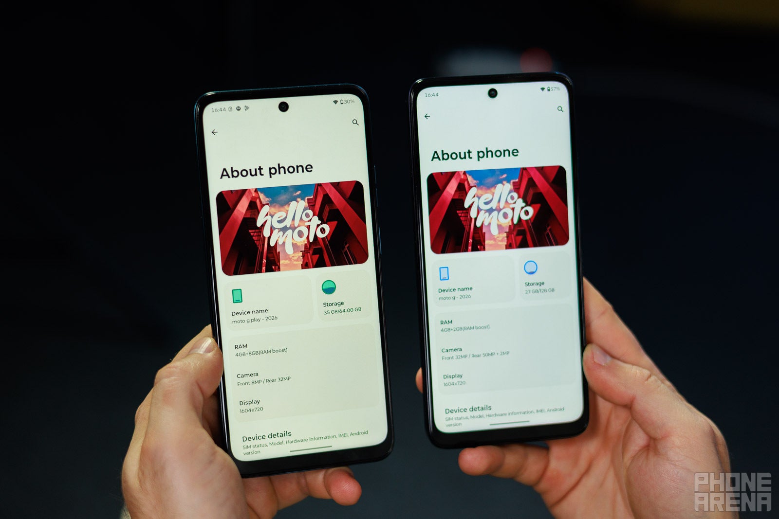 Moto G Play (2026) and Moto G (2026) &ldquo;About phone&rdquo; screens side by side.