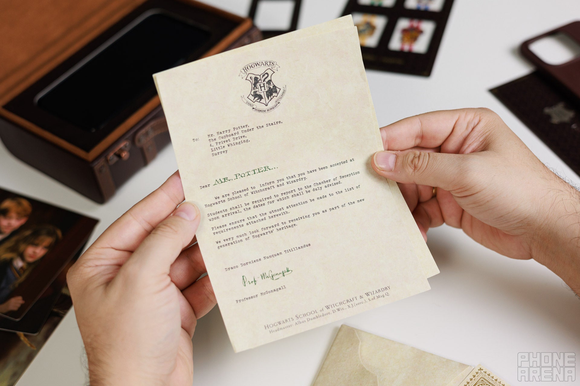 A lovely selection of props. | Image by PhoneArena - Realme 16 Pro Harry Potter Edition hands-on review: Meet the ultimate Potterhead smartphone