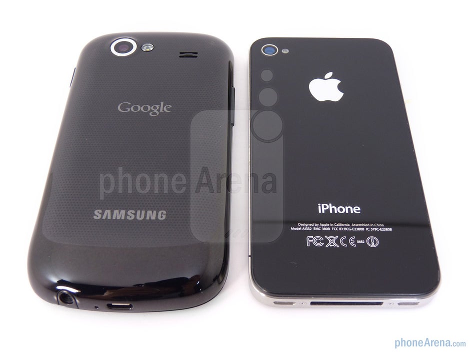 The backs of the Apple iPhone 4 (right, top) and the Google Nexus S (left, botttom) - Google Nexus S vs Apple iPhone 4