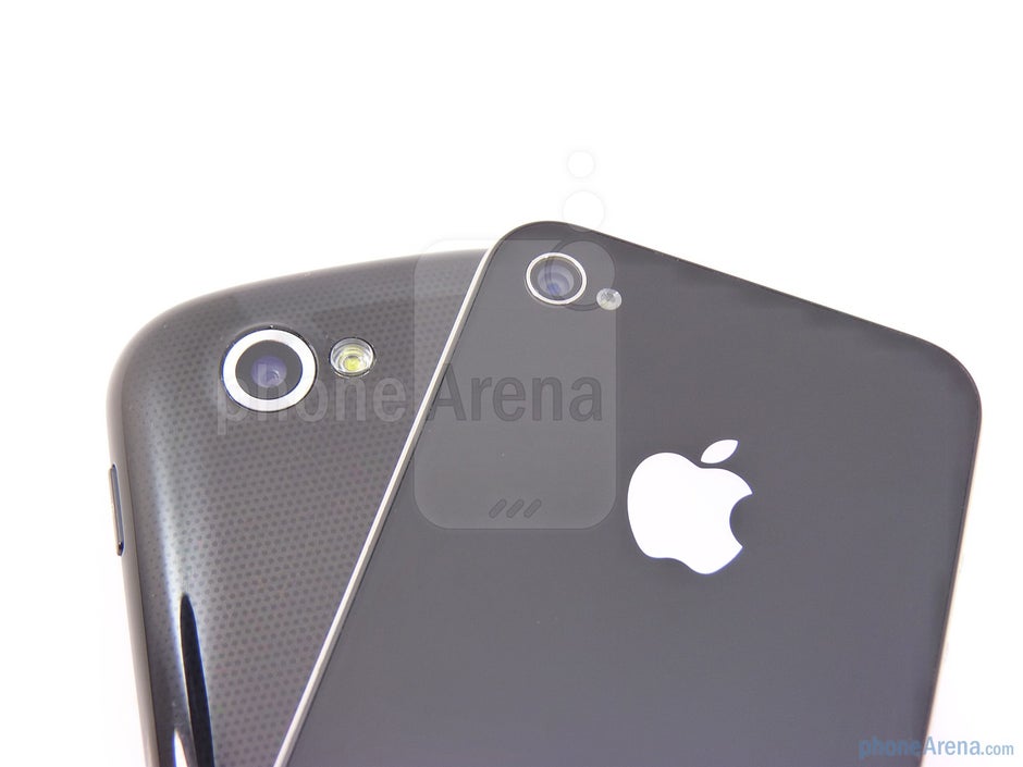 The backs of the Apple iPhone 4 (right, top) and the Google Nexus S (left, botttom) - Google Nexus S vs Apple iPhone 4