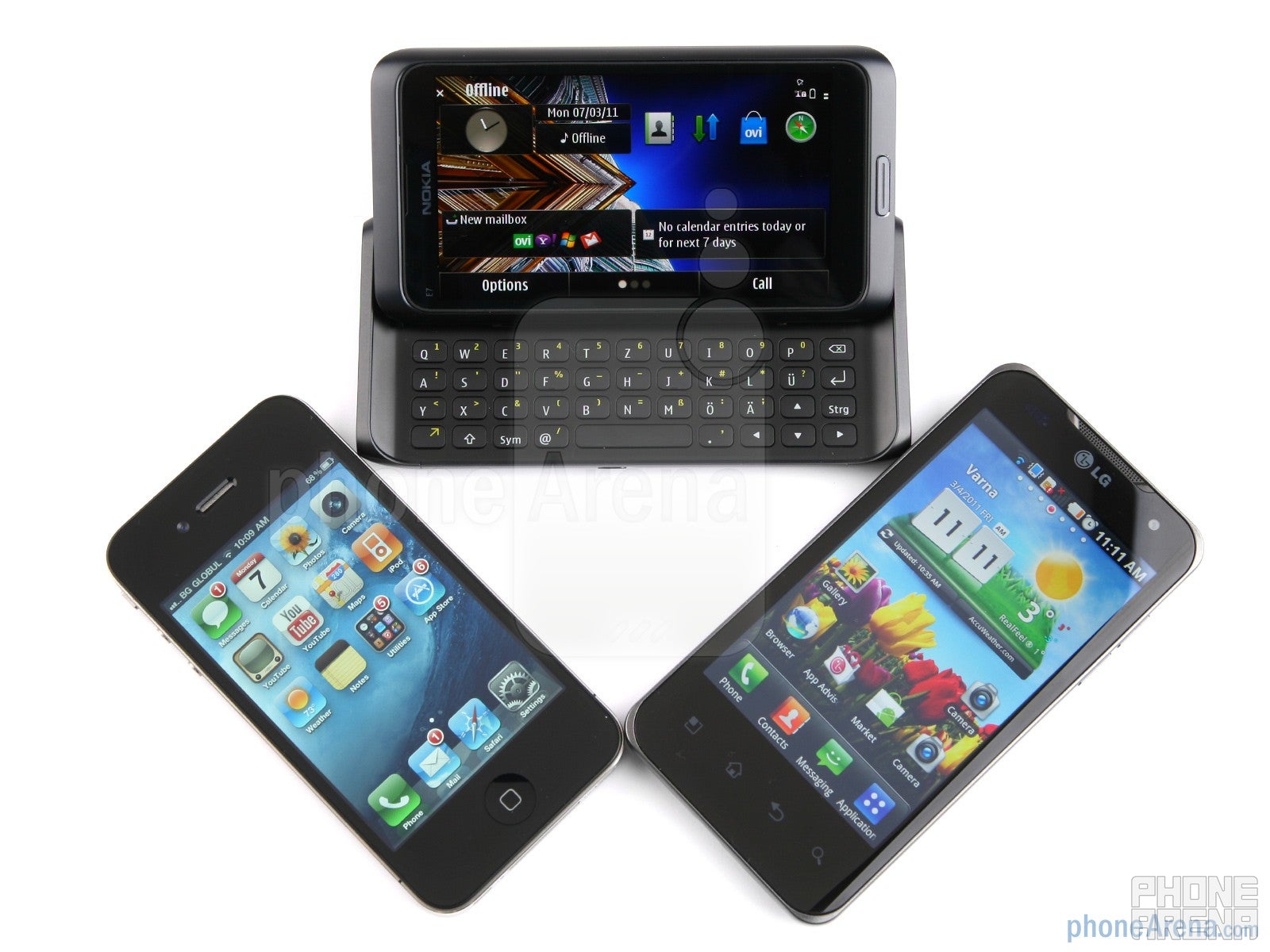 Nokia E7 vs LG Optimus 2X vs Apple iPhone 4